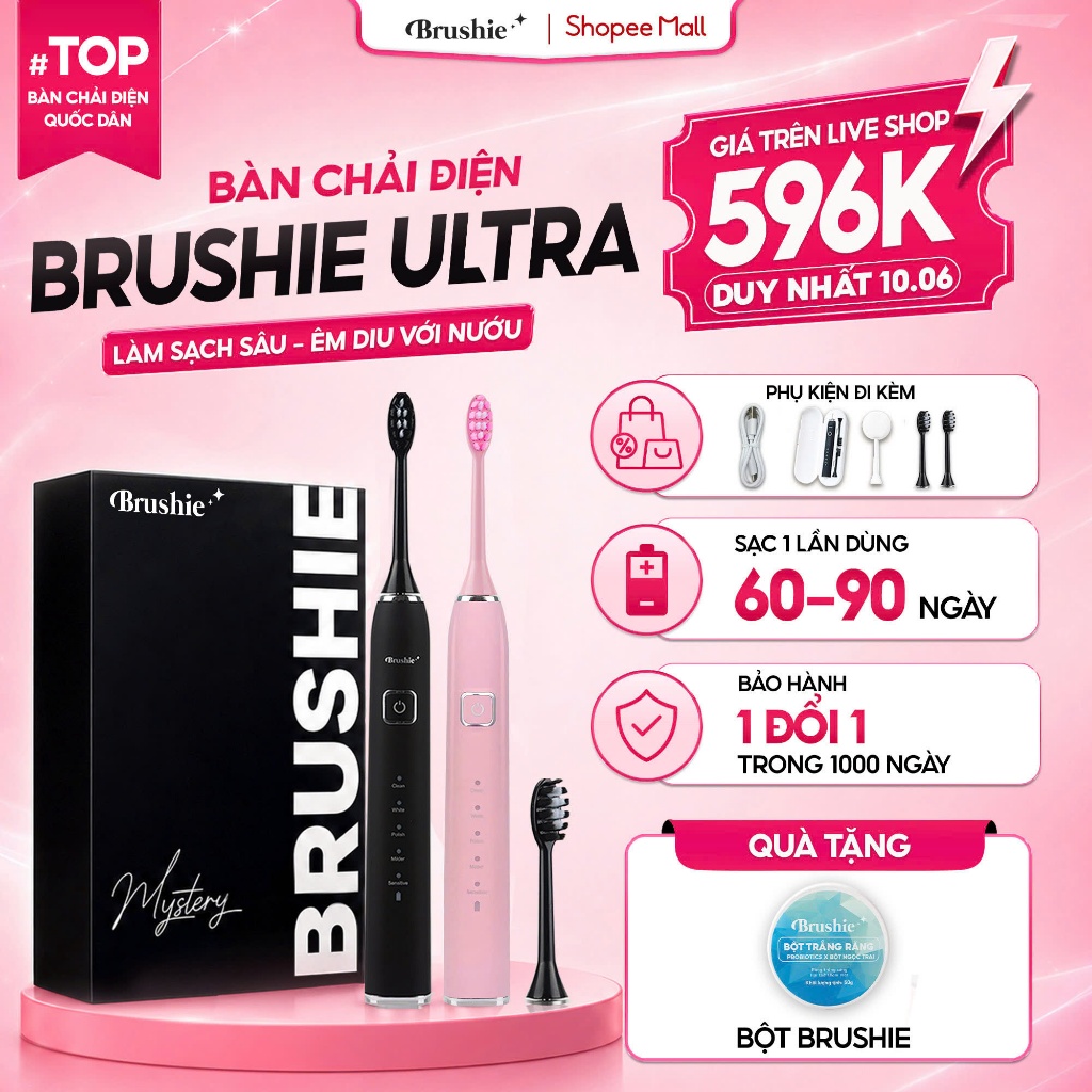 [GIÁ 575K LIVE SHOP] Bàn chải điện Brushie Ultra Plus lông mềm mại an toàn, làm sạch mảng bám, tích 