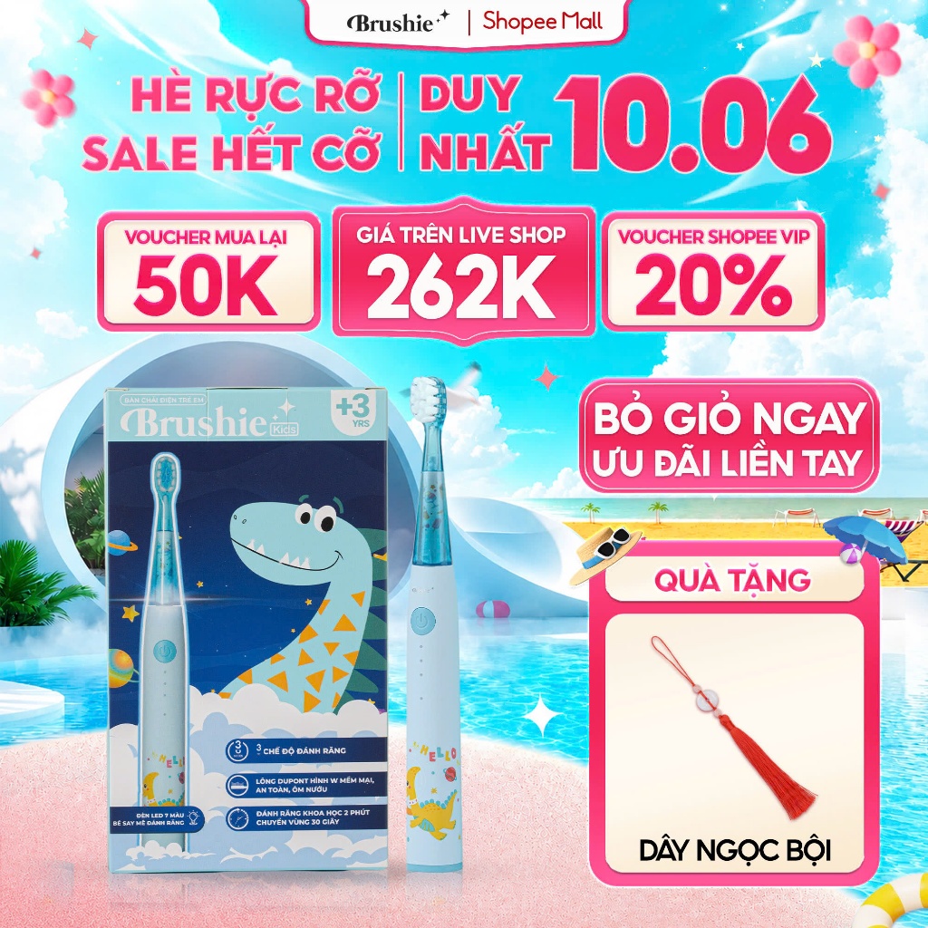 [GIÁ 255K TẠI LIVE SHOP] Bàn chải điện cho bé Brushie Kids 3 chế độ làm sạch, lông mềm cho răng nhạy
