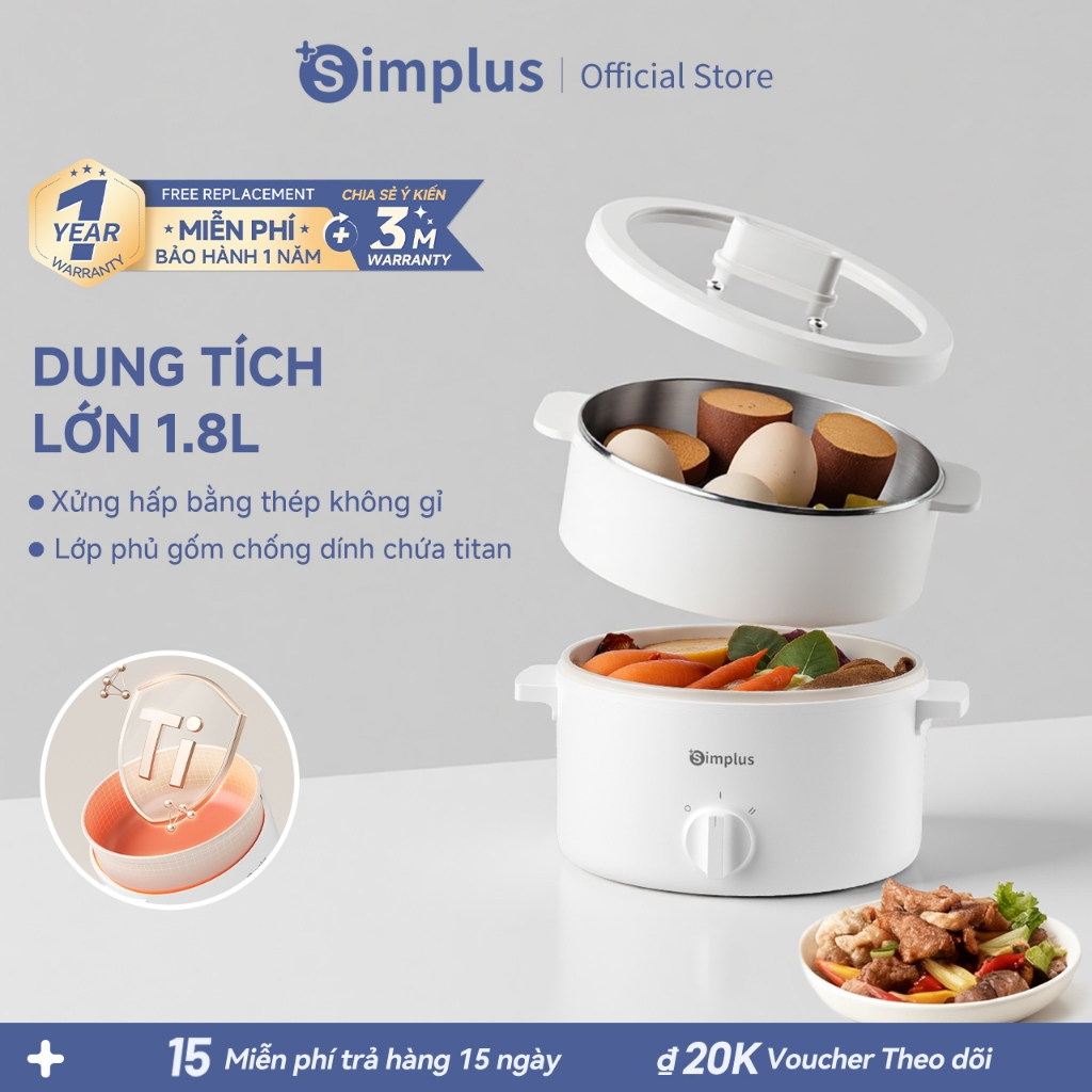 Simplus Nồi cơm điện Dung tích 1.8L • Nồi điện đa năng • Công suất 600W • Nấu nấu đa năng •Hấp và lu