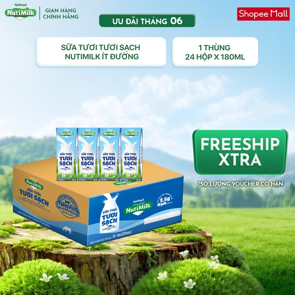 Thùng 24 Hộp Sữa Tươi Tươi Sạch NutiMilk Ít Đường Hộp 180ml
