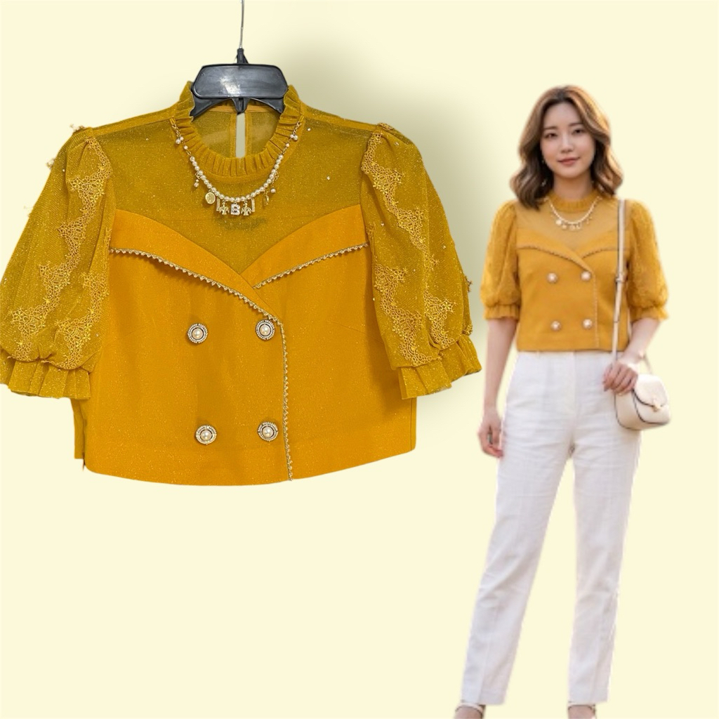 Áo Croptop Lụa Umi Cao Cấp Phối Voan Ánh Kim Đính Khuy Ngọc Trai Sang Chảnh (Dưới 45kg) - Mã N92