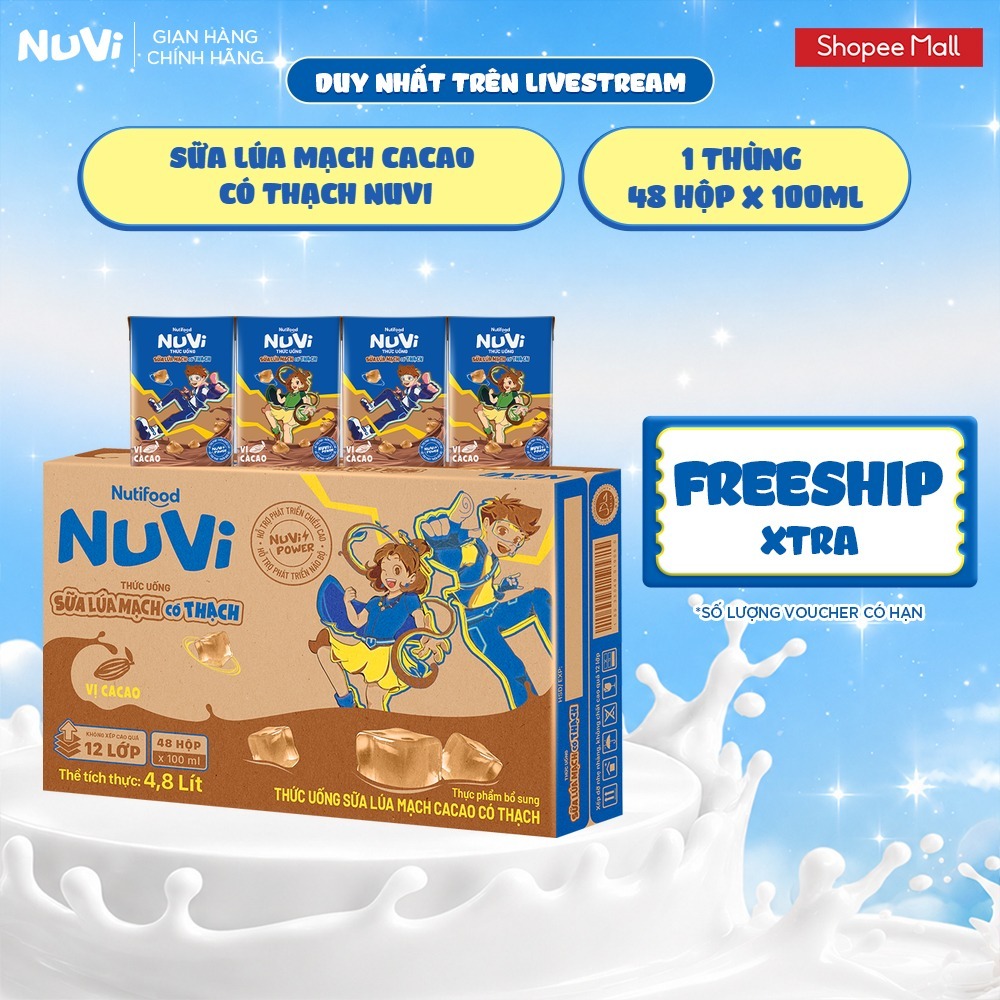 [KOL] Thùng 48 Hộp Thức Uống Sữa Có Thạch NuVi Chọn Vị 100ml