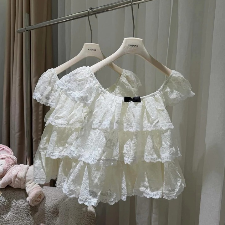 Áo Ren Babydoll Tầng Đính Nơ Điệu  Dà, Áo Ren Hoa Nhí 3 Tầng Bèo Tay Cánh Tiên By Bun222 | BigBuy360 - bigbuy360.vn