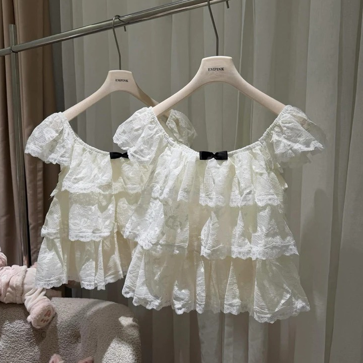 Áo Ren Babydoll Tầng Đính Nơ Điệu  Dà, Áo Ren Hoa Nhí 3 Tầng Bèo Tay Cánh Tiên By Bun222 | BigBuy360 - bigbuy360.vn