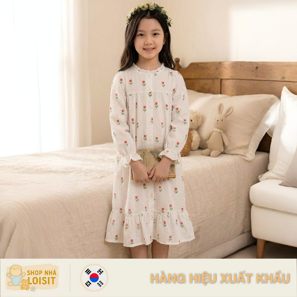[Size 130-140-150] Váy Ngủ Bé Gái Bebe De Pino Xuất Hàn Họa Tiết Hoa Tulip Đỏ