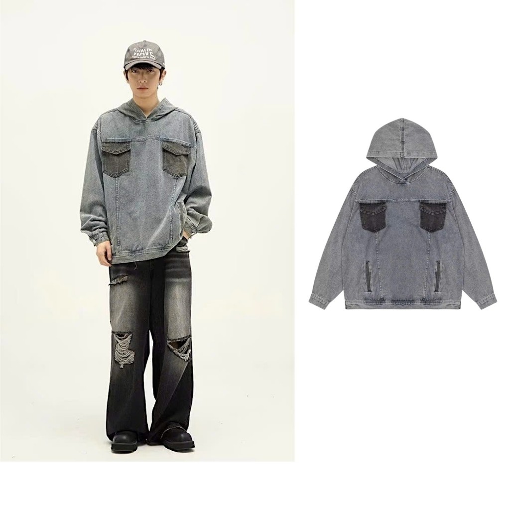 ÁO HOODIE DENIM UNISEX- Áo Jeans dáng Hoodie Rộng 2 Colors Wash