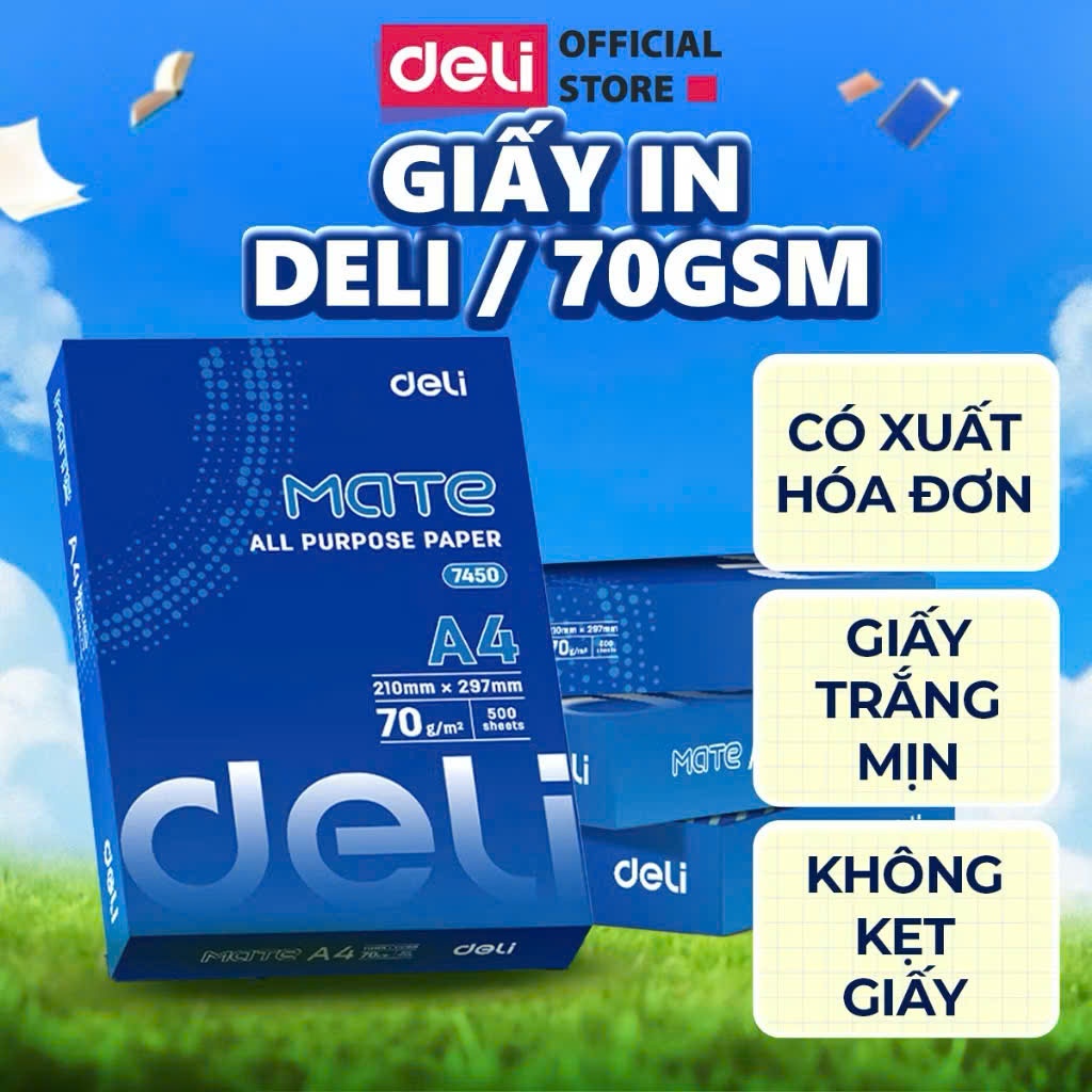 Combo 5 Ream Giấy In A4 Deli 70gsm Chống Thấm - 500 Tờ/Ream Chính Hãng