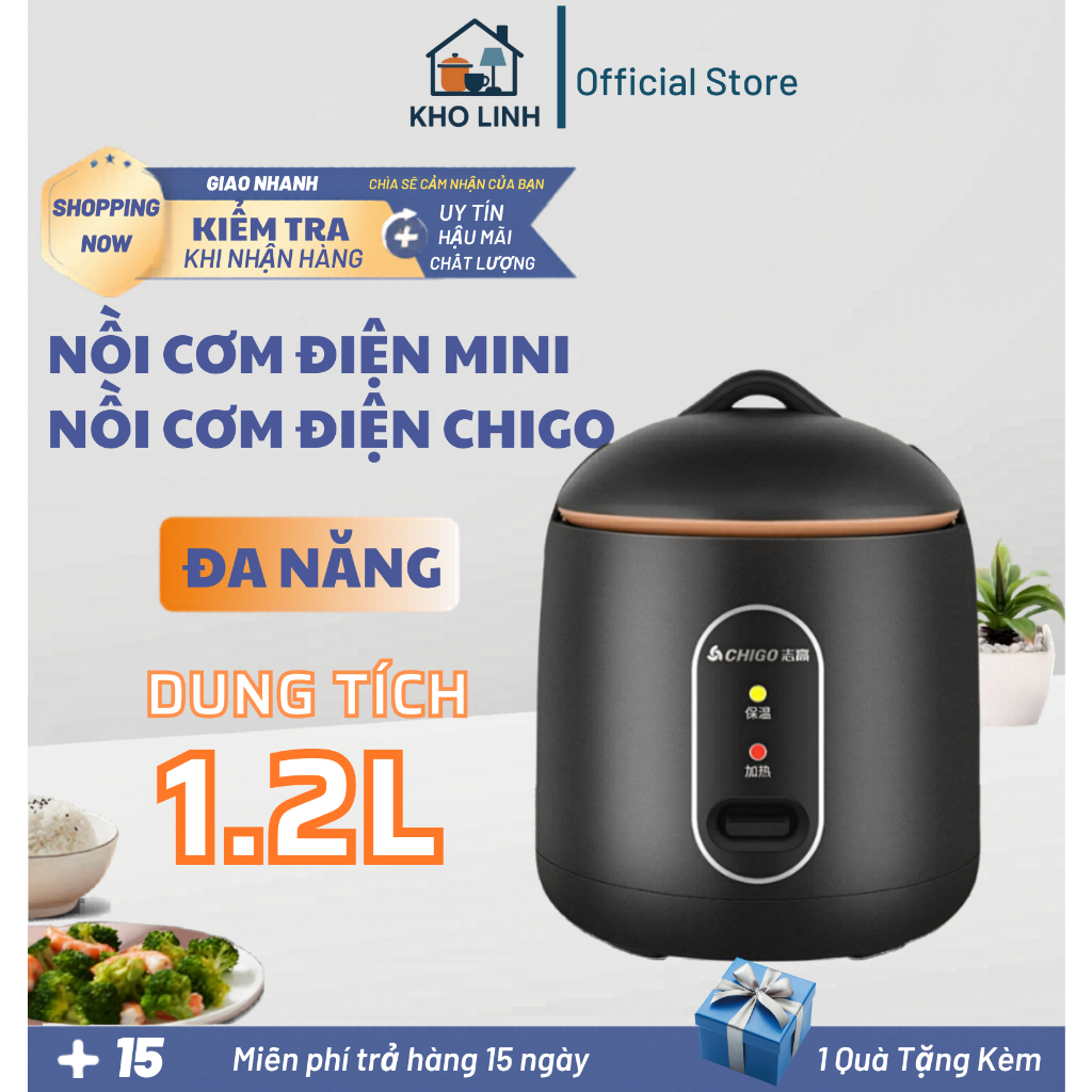 Nồi Cơm Điện Mini Tráng Chống Dính CHIGO, Nấu Hầm Súp Cháo Đa Năng, Dung Tích 1,2L Cho 2 Người