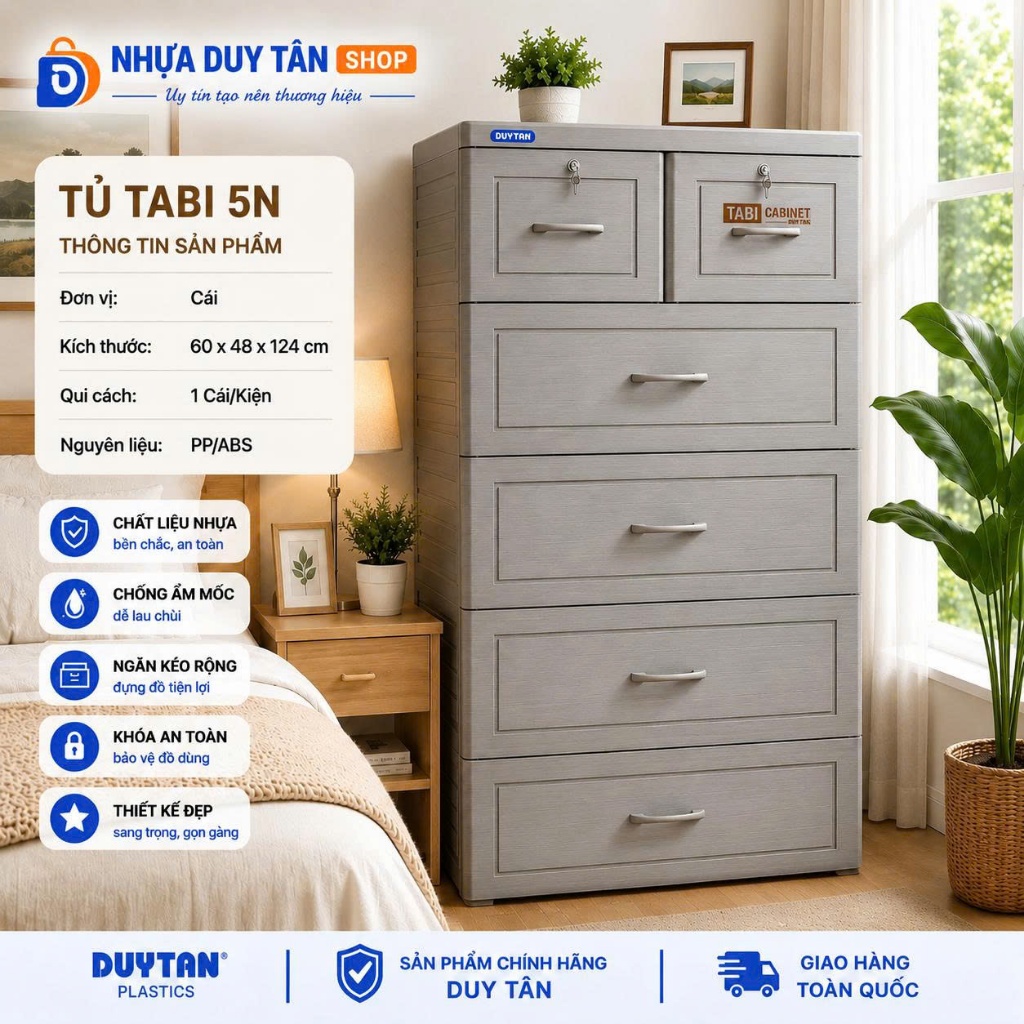 Tủ Quần Áo Nhựa Duy Tân 5 Tầng 6 Ngăn Tabi/Mina/Kata Có Bánh Xe – Tủ Nhựa Cho Bé Siêu Bền