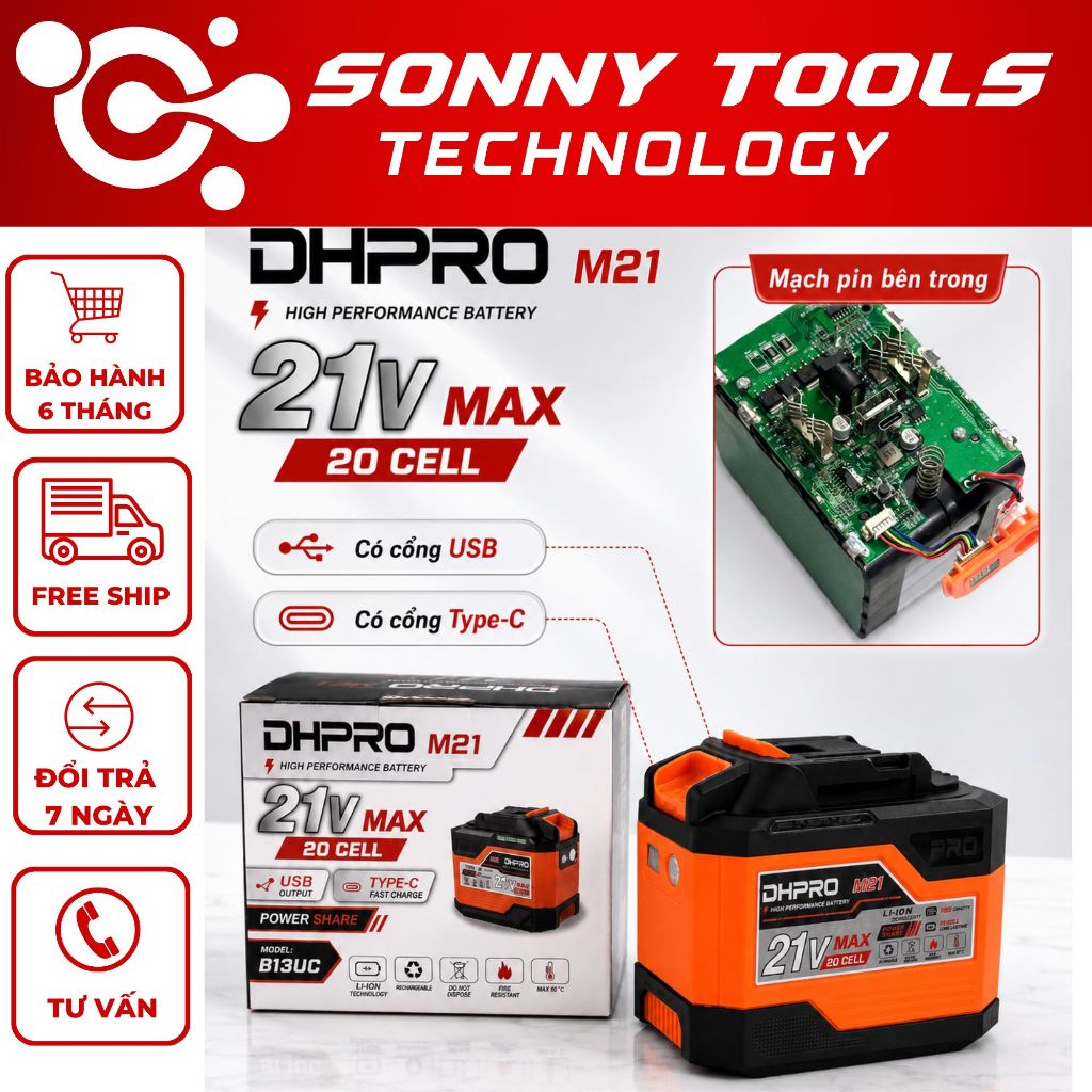 Pin 20 Cell DHPRO B13UC Có Cổng TYPEC,USB 21V, Mạch 4 Mosfet, Dung lượng Cao Chân Pin Phổ Thông M21