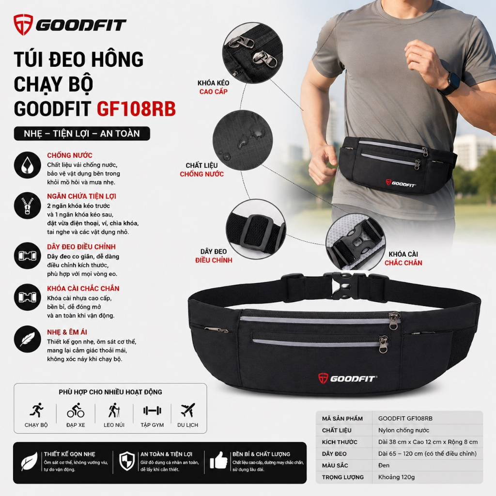Túi đeo hông chạy bộ có ngăn đựng nước GoodFit GF108RB, túi chạy bộ cao cấp giá rẻ