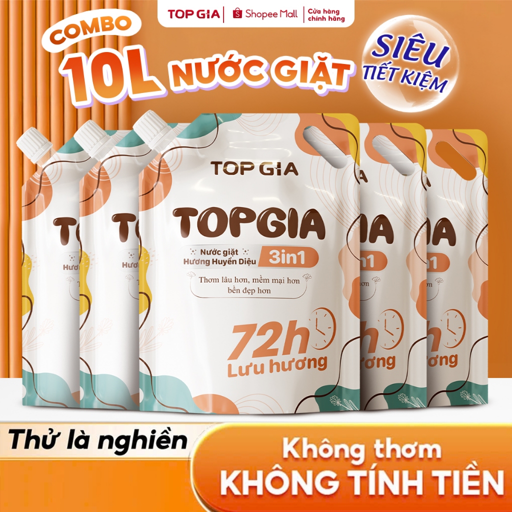 [COMBO 10L] Nước Giặt Xả TopGia 3in1 Hương Huyền Diệu Túi 2L, An Toàn Dịu Nhẹ, Lưu Hương Bền Lâu 72H