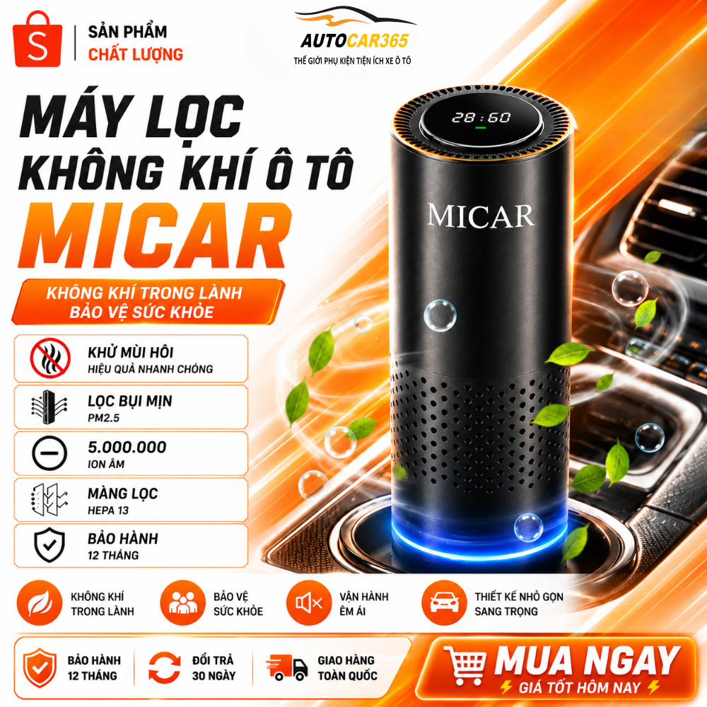 Máy Lọc Không Khí Ô Tô MICAR – Máy Khử Mùi Xe Hơi, Lọc Bụi Mịn, Tạo Ion Âm Diệt Khuẩn Chống Say Xe