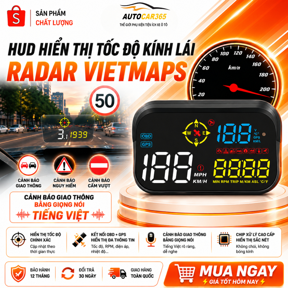 HUD Kính Lái Ô Tô VIỆT MAP – Hiển Thị Tốc Độ, Cảnh Báo Giao Thông Giọng Nói Tiếng Việt Bảo Hành 12T