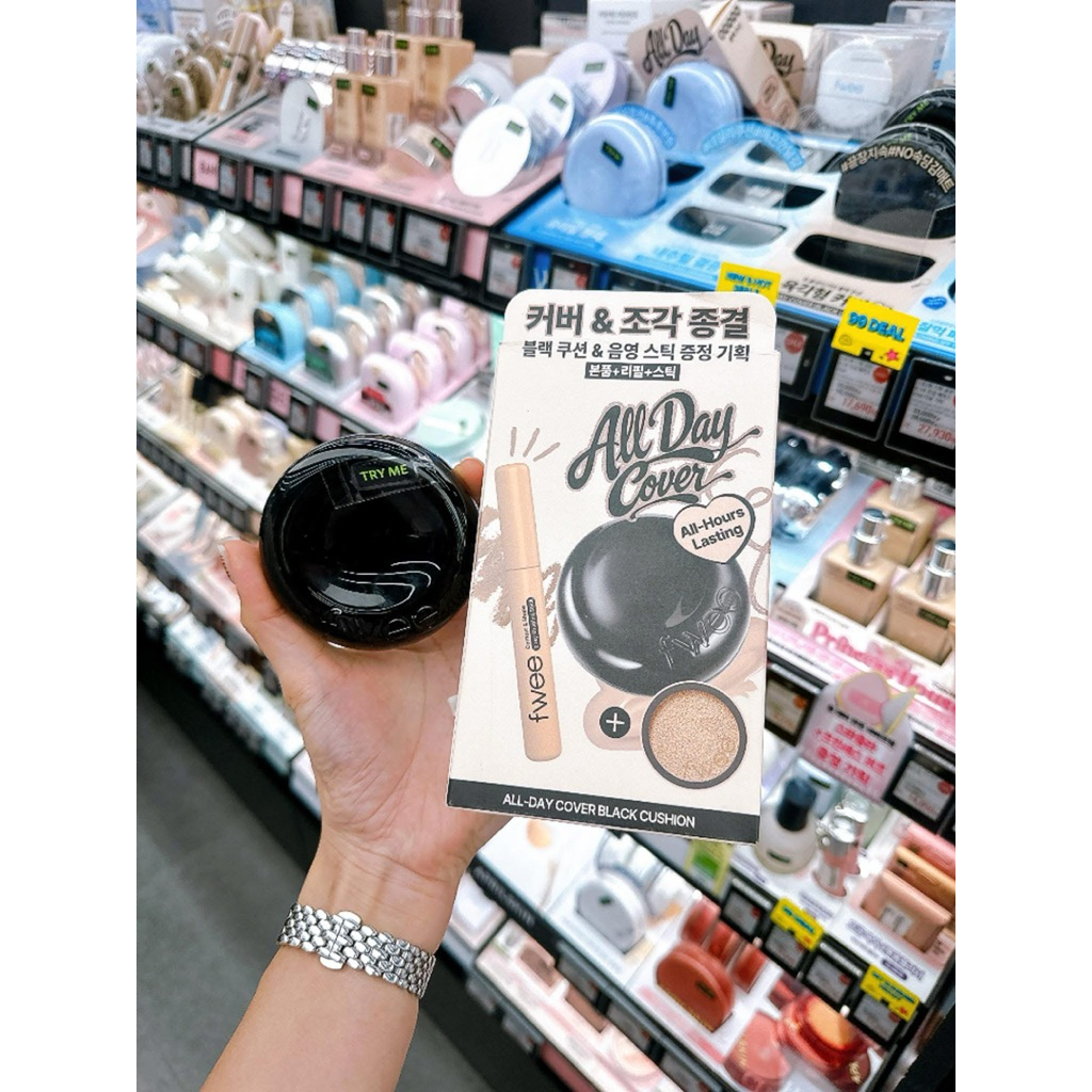[Bill Oliveyoung] Set Cushion Fwee  Đen mới  All-Day Cover Black Cushion + tặng lõi thay thế + bút t