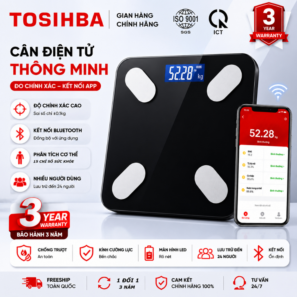 Bảo hành 3 năm-Cân điện tử （Mẫu mới 2026）Được Trang Bị Màn Hình LCD Bluetooth APP Thể Phân Tích Chỉ 