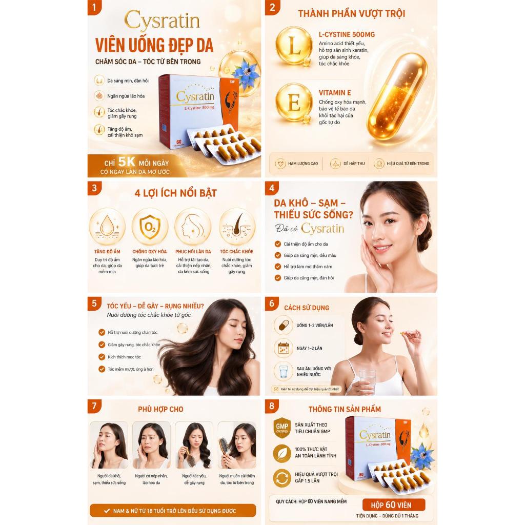 Cysratin L-Cystine 500mg | Viên Uống Đẹp Da Chống Oxy Hóa, Dưỡng Ẩm Da, Nuôi Dưỡng Tóc 60 Viên