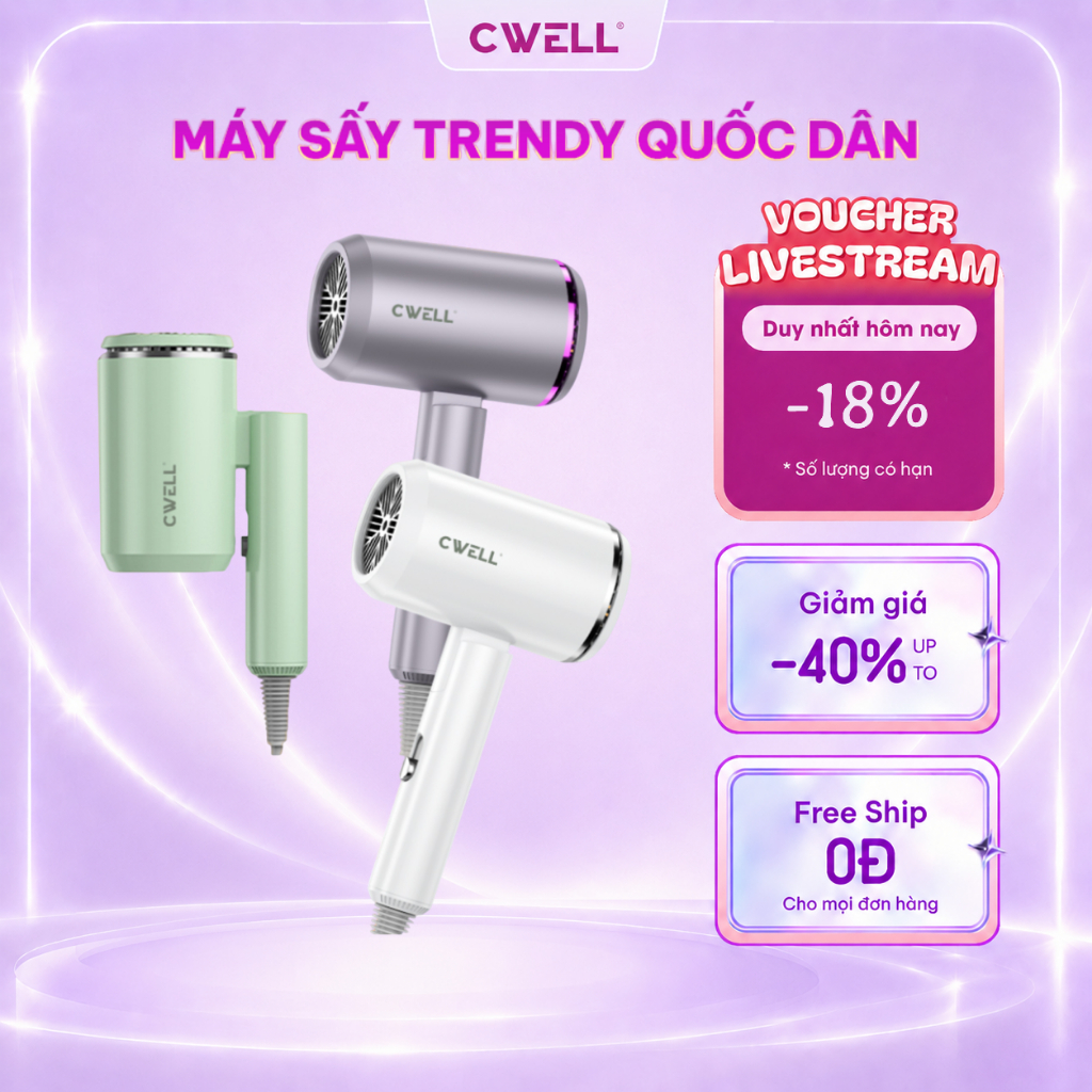 Máy sấy tóc CWELL 1800W gấp gọn 2 chiều nóng lạnh, 3 chế độ nhiệt, ánh sáng xanh- BẢN NÂNG CẤP C05HD