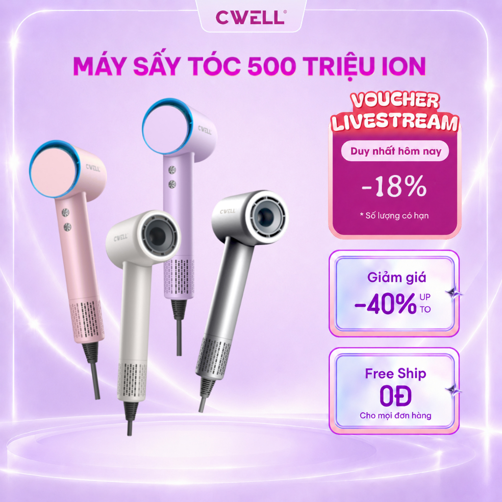 Máy sấy tóc ion âm hiệu suất cao CWELL C20, công suất 1600W, 8 chế độ sấy khô nhanh, bảo vệ tóc