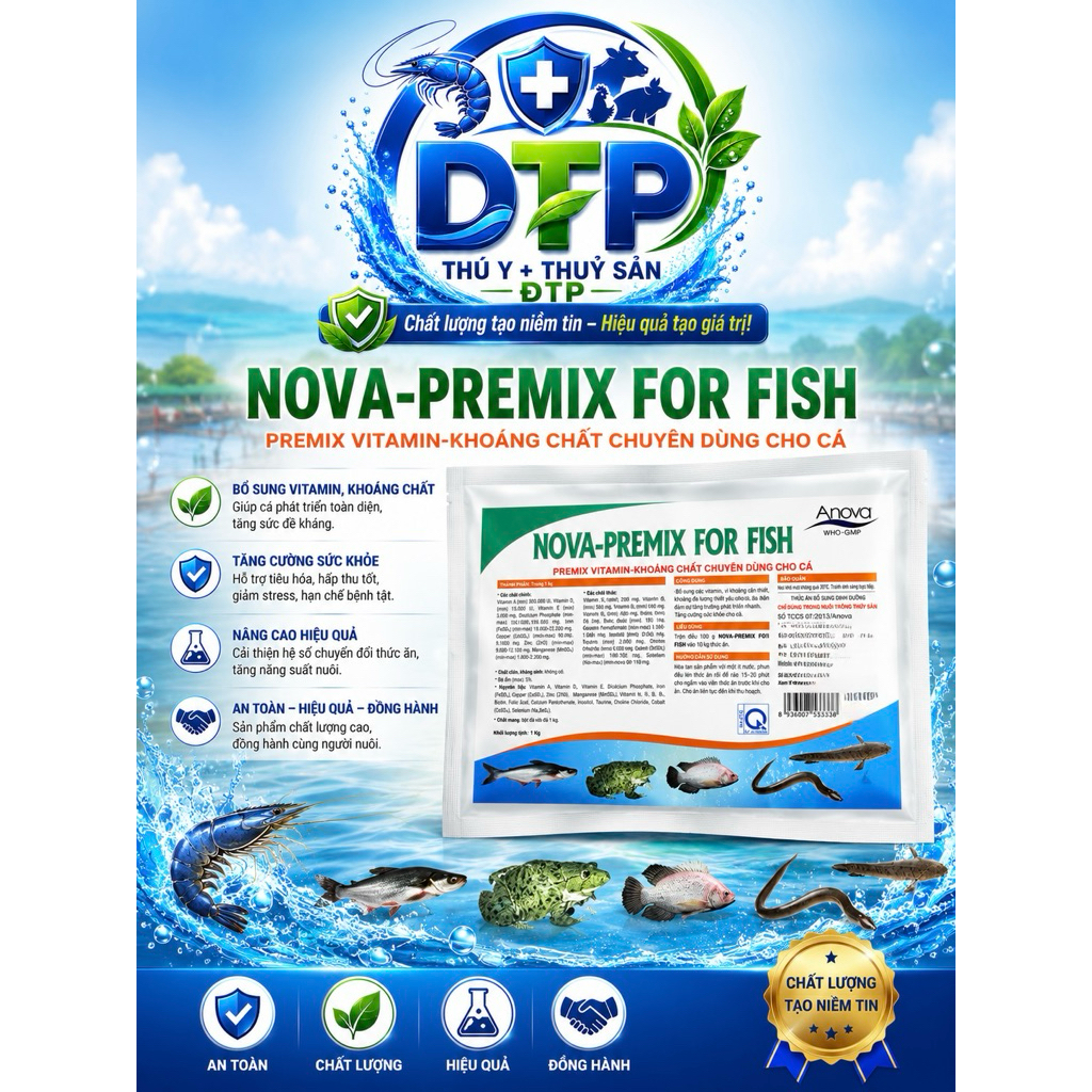 Nova Premix (Anova) gói 1kg bổ sung vitamin, vi khoáng và khoáng đa lượng cho cá giúp tăng cường sức