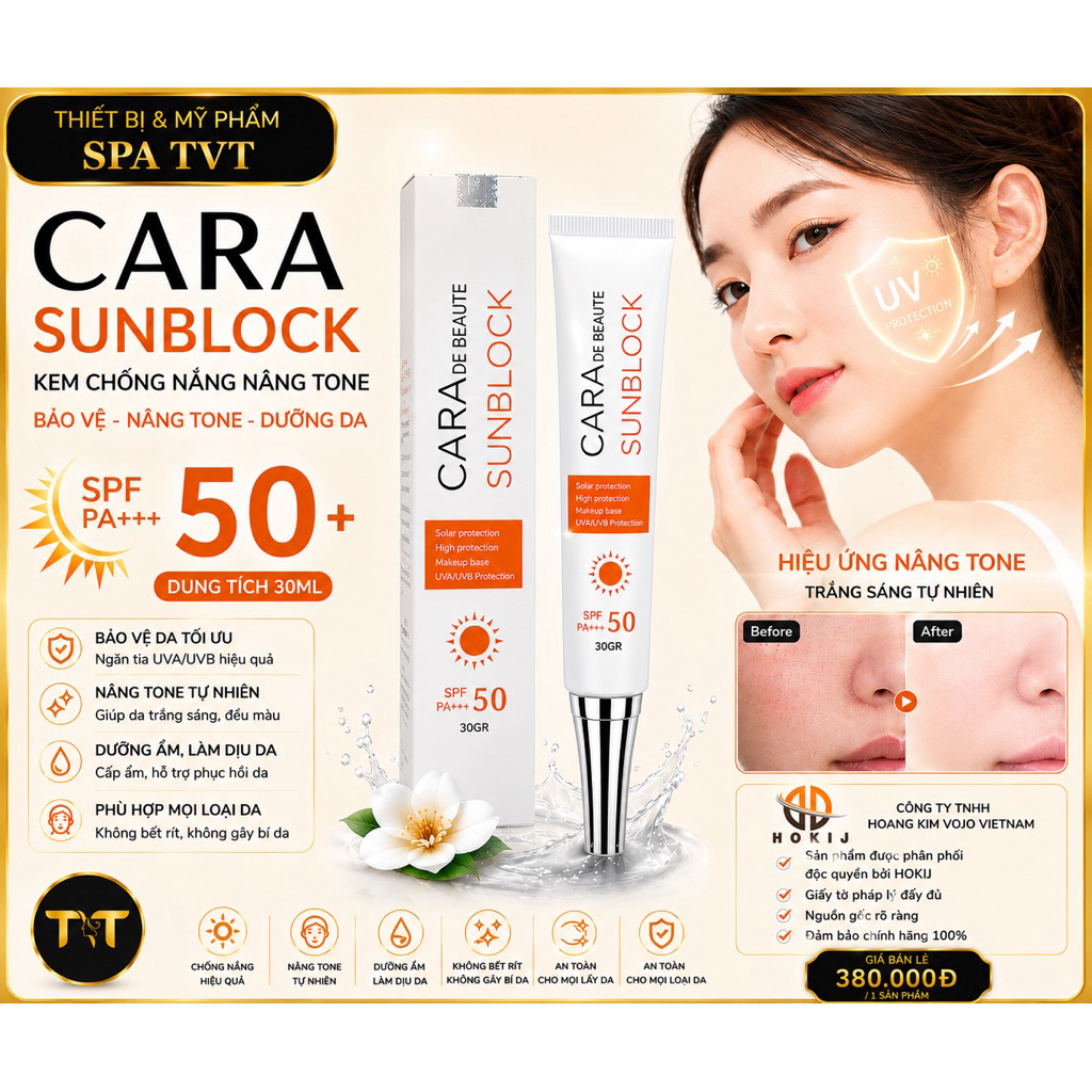 KEM CHỐNG NẮNG CARA (KARA)SPF50+ PA++30ML, CHỐNG UVA UVB, NÂNG TONE, DƯỠNG ẨM, KIỀM DẦU
