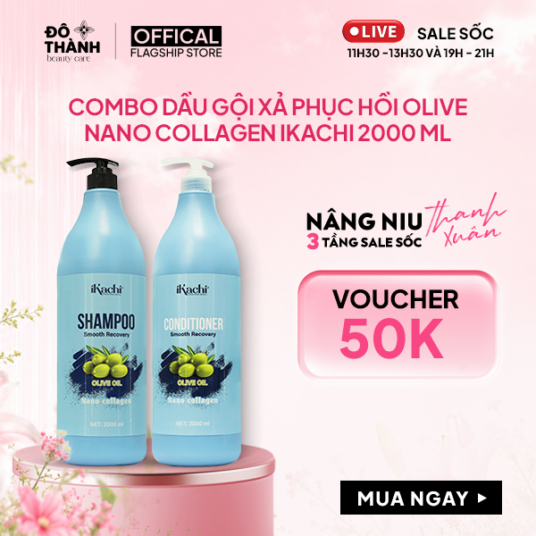 Combo gội xả phục hồi Olive Nano Collagen IKACHI cặp dầu gội xả tăng cường độ chắc khỏe tóc 2000ml