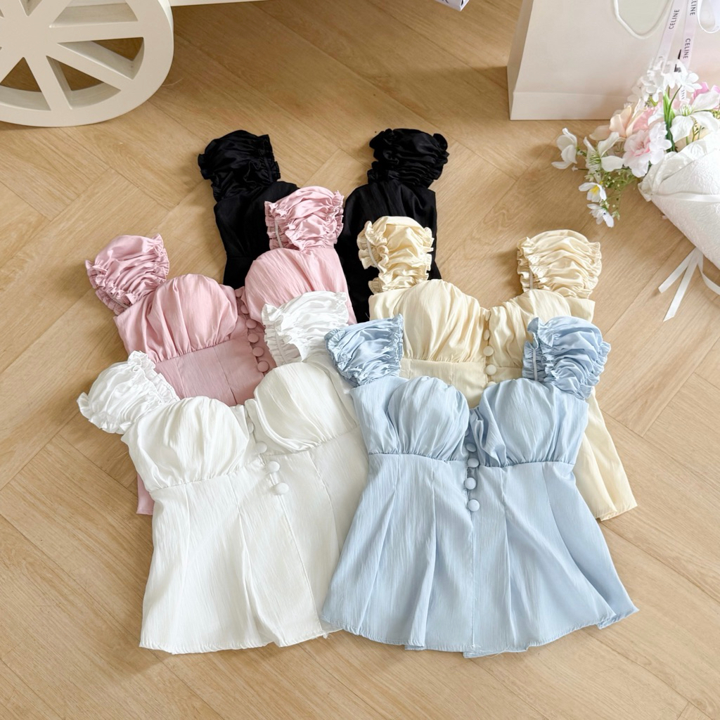 (Sẵn Mút) Áo Hoa Babydoll Nữ Nút Bọc Tay Bồng Dáng Xoè Chiết Eo Lưng Bo Chun | BigBuy360 - bigbuy360.vn