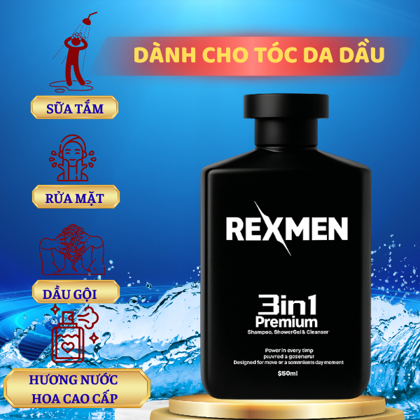 REXMEN Dầu Gội Nam 3in1 350ml - Giảm Bết Dầu, Sạch Gàu, Hương Nước Hoa Nam Tính, Gội Tắm Rửa Mặt