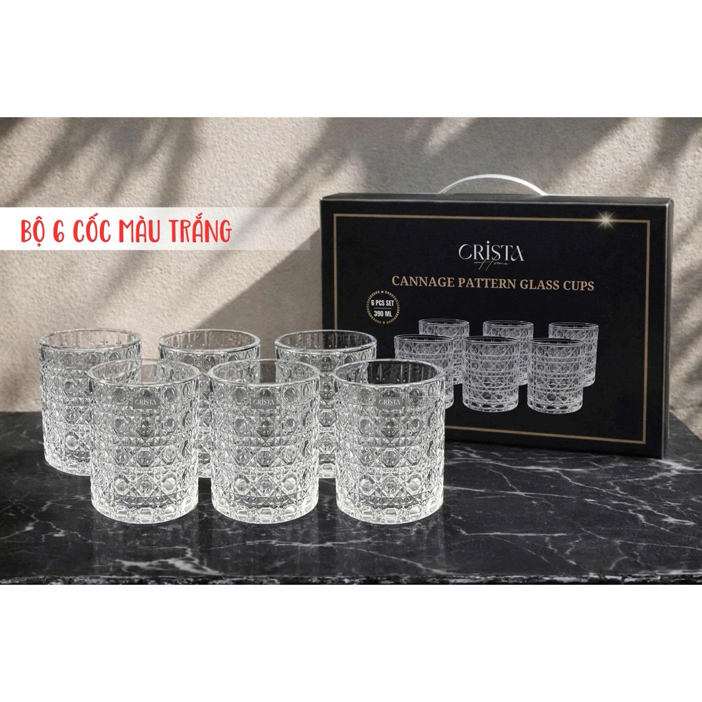🌈🌈🌈  BỘ 6 CỐC THỦY TINH VÂN PHA LÊ NỔI 390ML CRISTA HOME, 60253