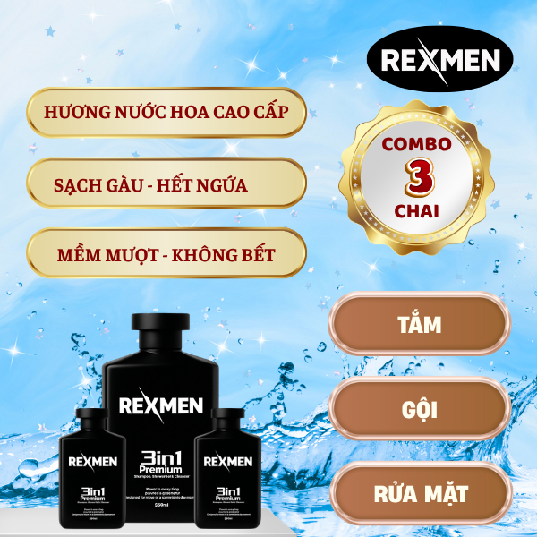 (COMBO) 3 CHAI REXMEN Dầu Gội Nam 3in1 350ml - Giảm Bết Dầu, Sạch Gàu, Hương Nước Hoa Nam Tính