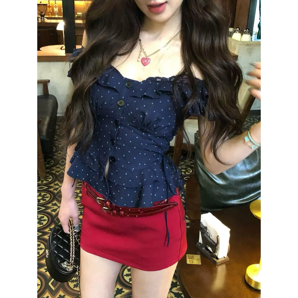 ÁO CÁNH TIÊN TRỄ VAI XANH NAVY HOẠ TIẾT CHẤM BI, VIỀN CỔ PHỐI REN ( HÀNG QC) | BigBuy360 - bigbuy360.vn