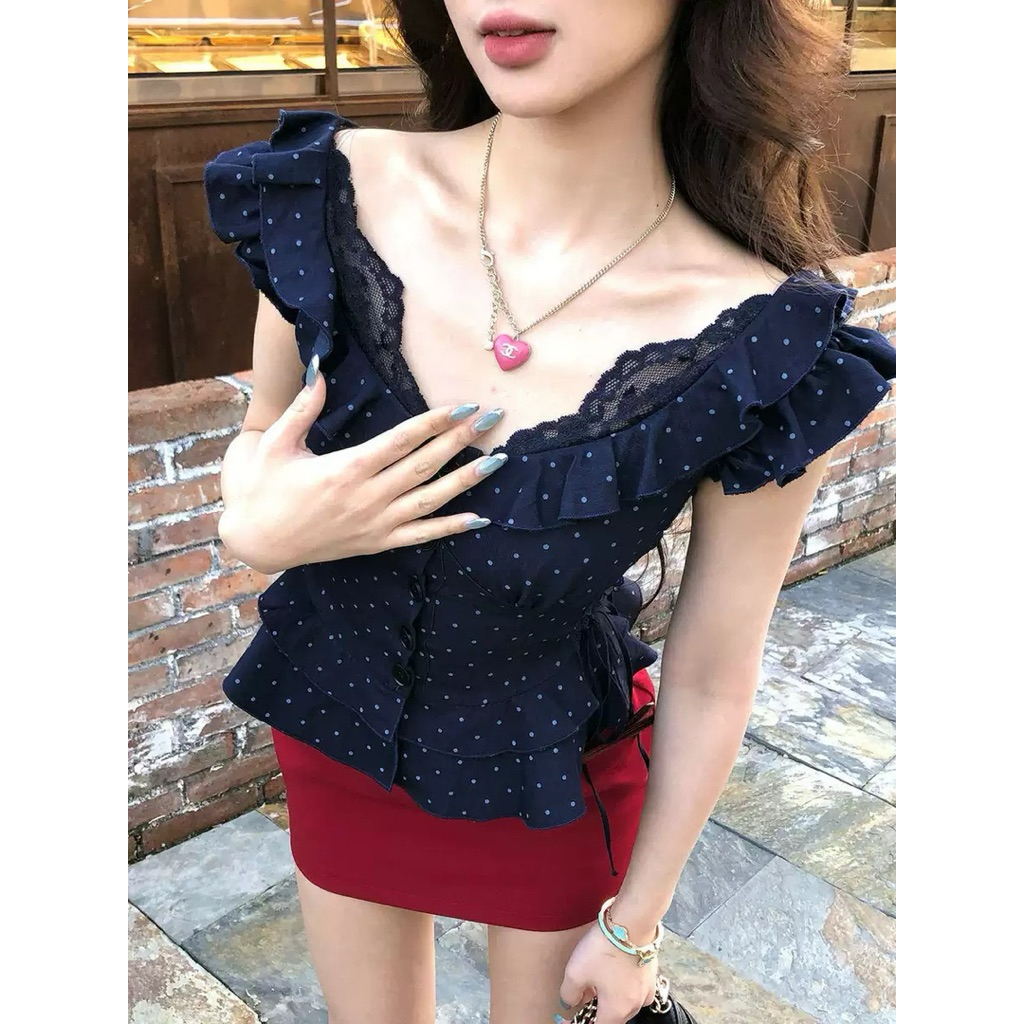 ÁO CÁNH TIÊN TRỄ VAI XANH NAVY HOẠ TIẾT CHẤM BI, VIỀN CỔ PHỐI REN ( HÀNG QC) | BigBuy360 - bigbuy360.vn