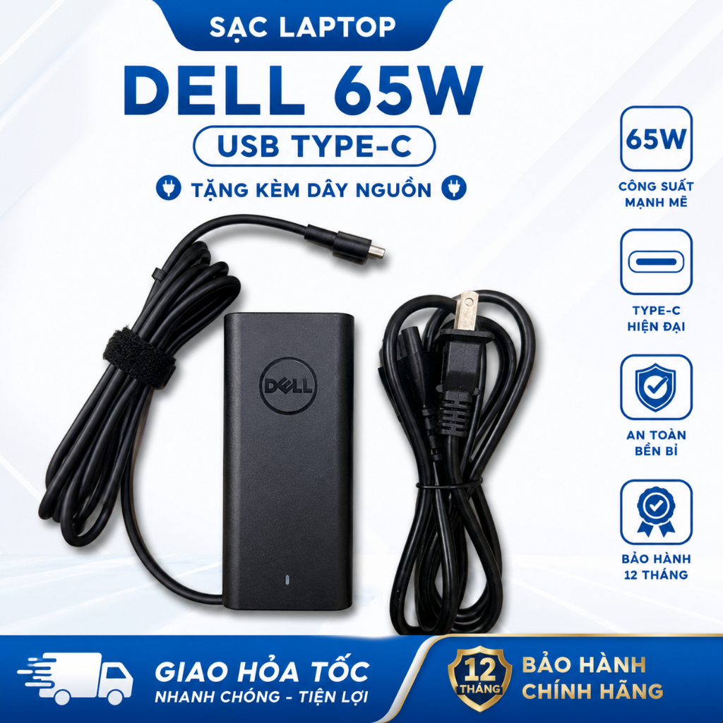 Sạc Dell Type-C 65W 90W 130W, Sạc Laptop Dell chân sach Type-c, tặng kèm dây nguồn, Bh 12 Tháng