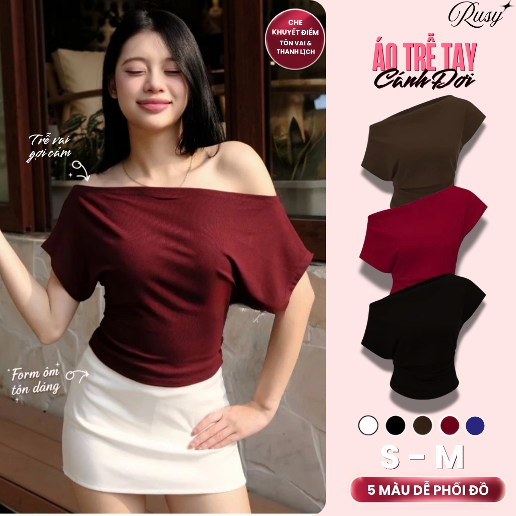 Áo Trễ Vai Nữ Borip Mềm Mịn Ôm Body Co Giãn Tay Cánh Dơi Cổ Thuyền Thanh Lịch Mặc Đi Làm TN04 RUSY