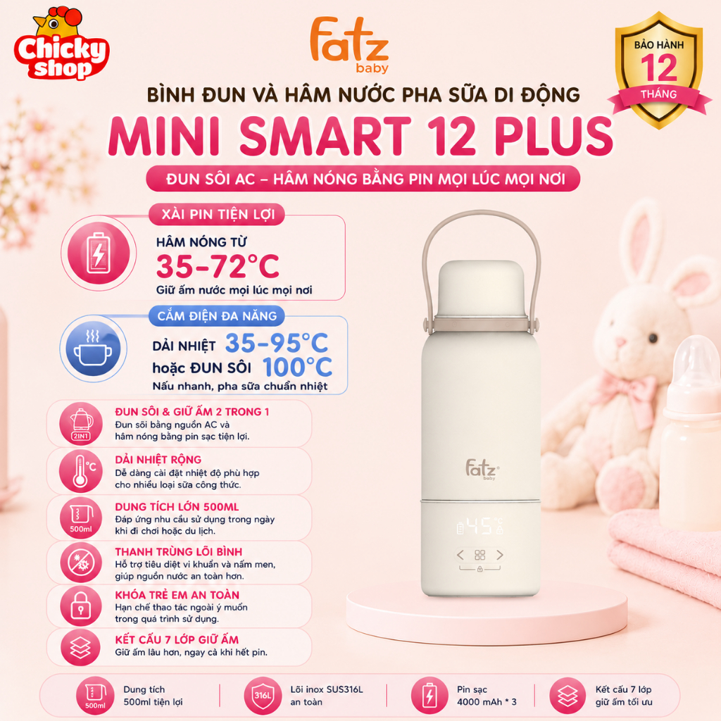 Bình đun và hâm nước pha sữa di động Mini Smart 12 Plus FATZBABY FB3632FD