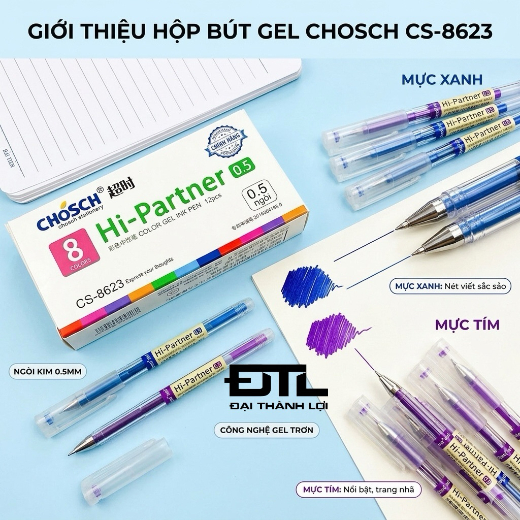 Hộp 12 cây bút viết gel nước Chosch Hi-Partner CS-8623 / CS8623