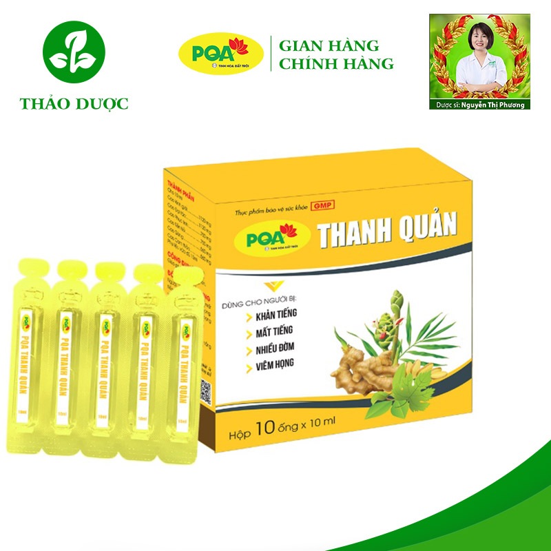 Thanh Quản PQA thảo dược cho người viêm thanh quản, amidan, viêm họng hạt. Hộp 10 ống