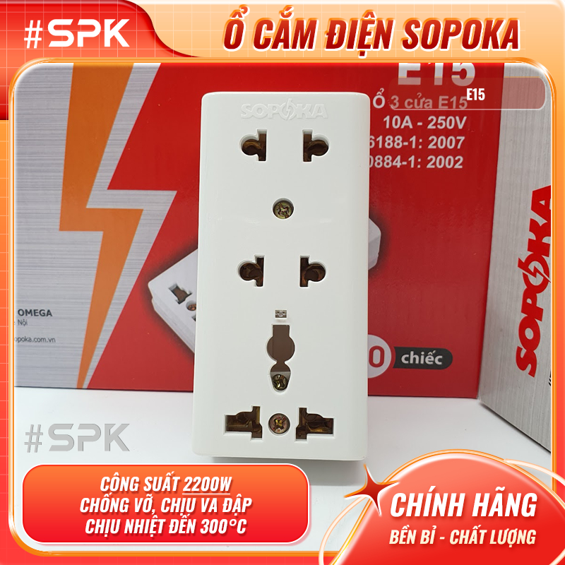 SOPOKA Ổ Cắm Điện 3 Lỗ Gắn Táp Lô E15 2200W Chống Vỡ Chịu Nhiệt 300°C An Toàn Gia Đình & Văn Phòng