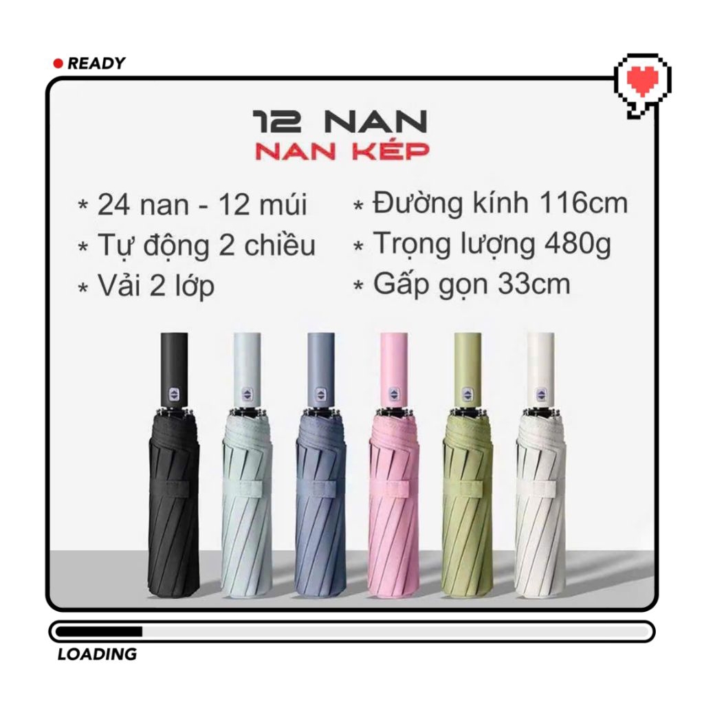 Ô Dù Che Mưa Nắng Vải 2 Lớp 12 Nan Kép Màu Đen