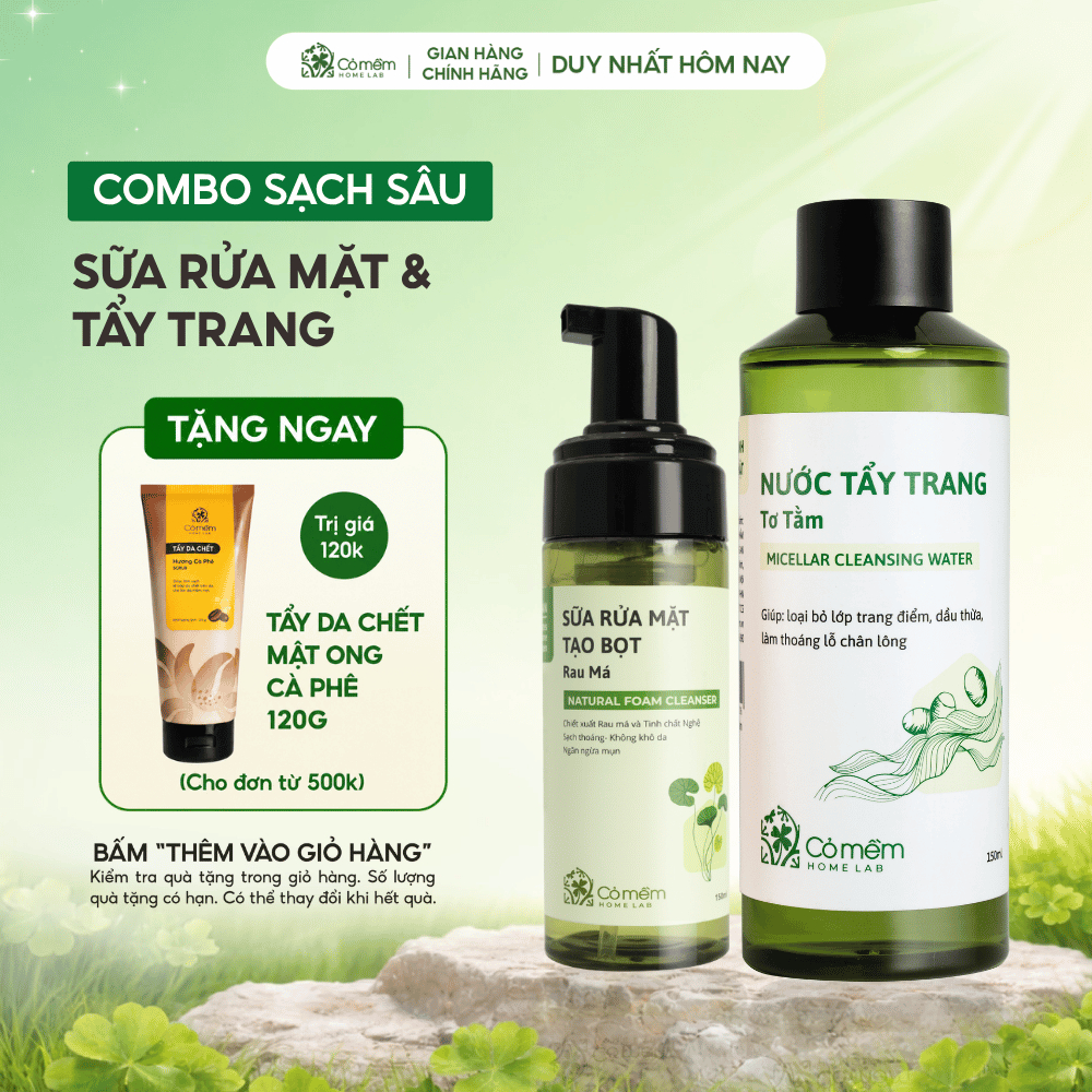 Bộ Chăm Sóc Da 2 Bước Nước Tẩy Trang Và Bọt Rửa Mặt Mọi Loại Da Cỏ Mềm 300gr