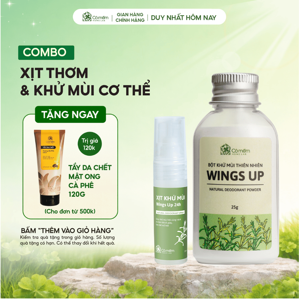 Combo Bột Khử Mùi Wings Up Và Xịt Cơ Thể Khử Mùi Hôi Kháng Khuẩn Cỏ Mềm