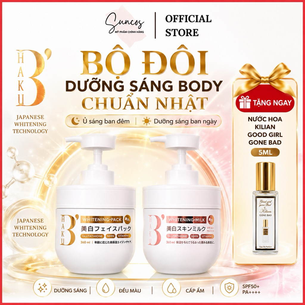 Bộ Kem Ủ Trắng Body B’Haku Whitening Pack Và Dưỡng Thể B’Haku Whitening Milk 360ml Nhật Bản - Suncos