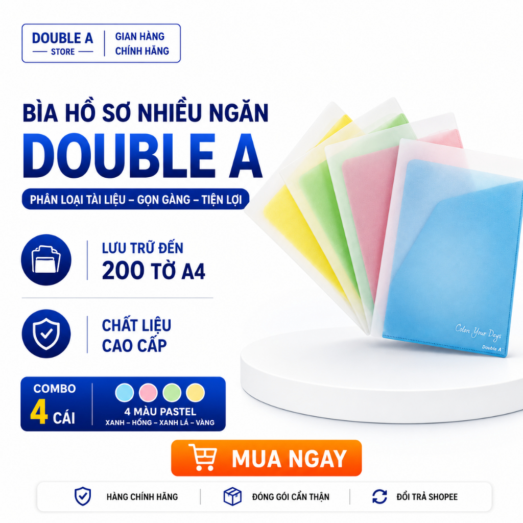 Combo 4 Bìa hồ sơ Nhiều Ngăn Double A, Lưu được 200 tờ A4 - Lưu được tài liệu khổ A3 - A4 - A5