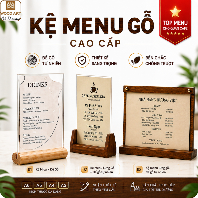 Kệ Menu Gỗ Cao Cấp | Menu Mica Đế Gỗ | Menu Để Bàn Quán Cafe Nhà Hàng Homestay A6 A5 A4 A3
