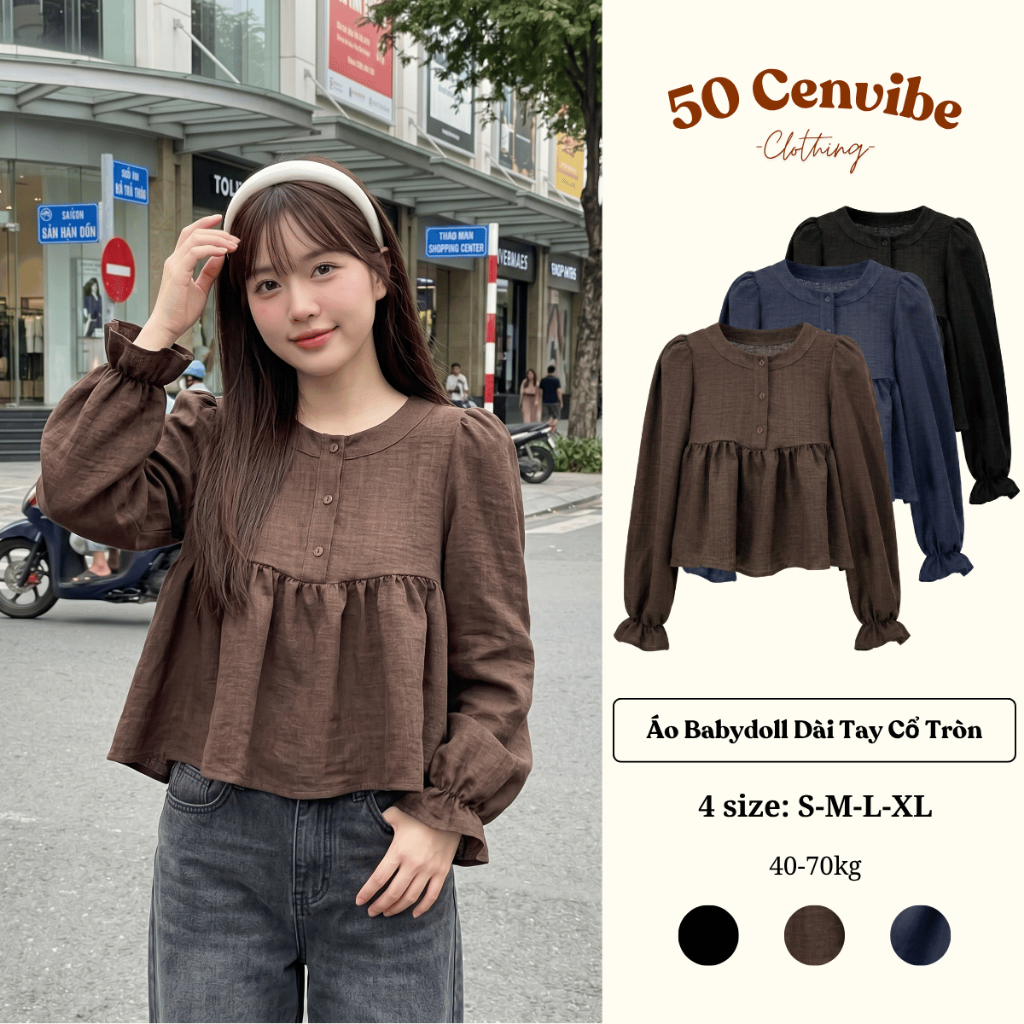 Áo Babydoll Nữ Dài Tay Cổ Tròn Tay Phồng Dáng Xòe Form Rộng Hàn Quốc (50 Cenvibe.Clothing) #380