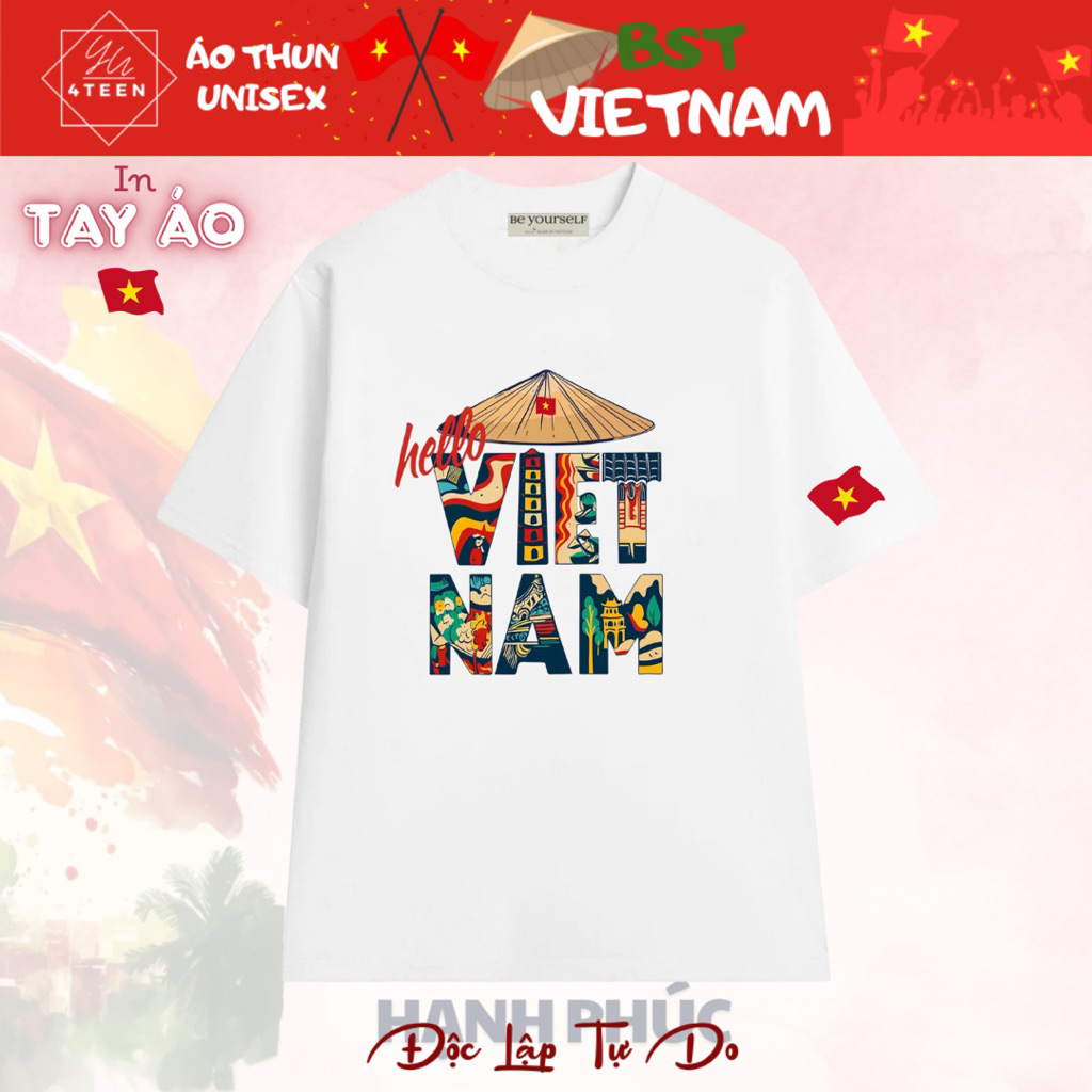 VIỆT NAM VN - Áo Thun DL PHÔNG NAM NỮ UNISEX in Nón lá Hello VIETNAM TRAVEL DU LỊCH TOUR HOLIDAY LỄ 