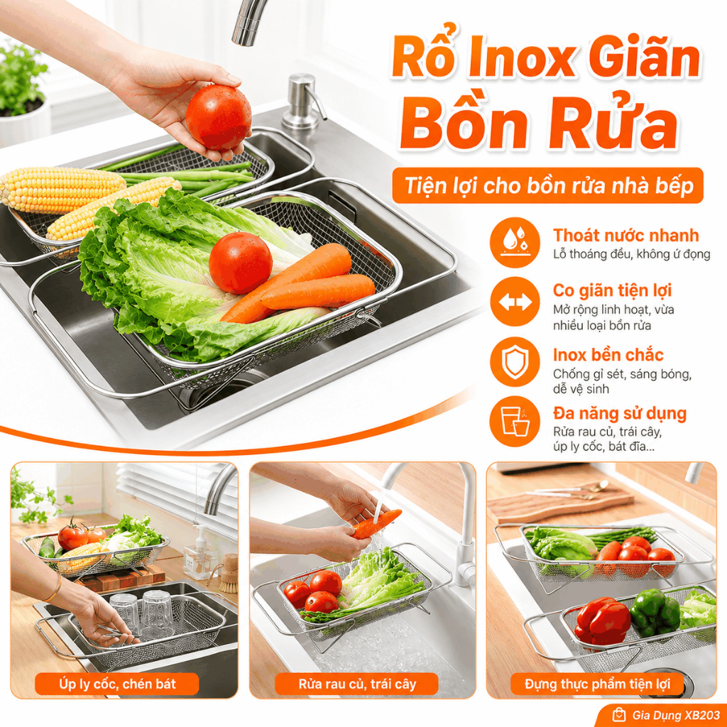Rổ Inox Giãn Bồn Rửa Nhà Bếp, Rổ Lọc Rau Củ Co Giãn Đa Năng, Giá Úp Ly Cốc Chén Bát Tiện Lợi DA6