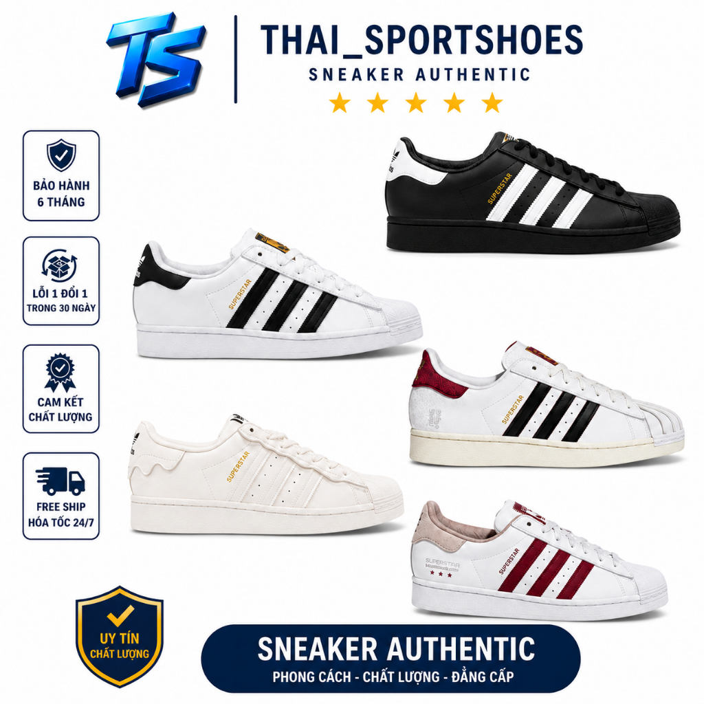 Giày_Adidas Superstar Đen Trắng, Giày Superstar Mũi sò Vintager Bản Cao Cấp