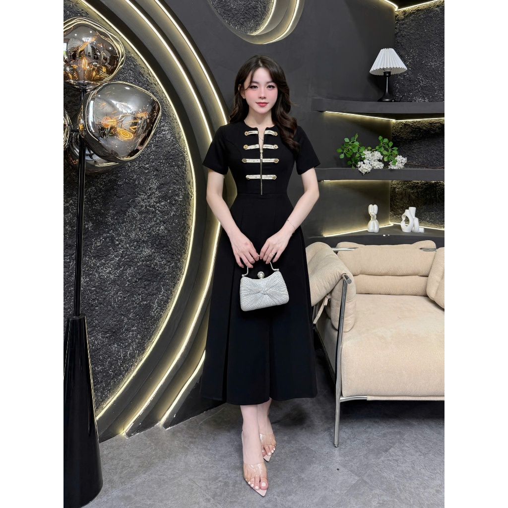 TY262 - Váy Thiết kế Evii dành cho nữ, Đầm thiết kế cổ tròn phối khóa kéo trước dáng A dài