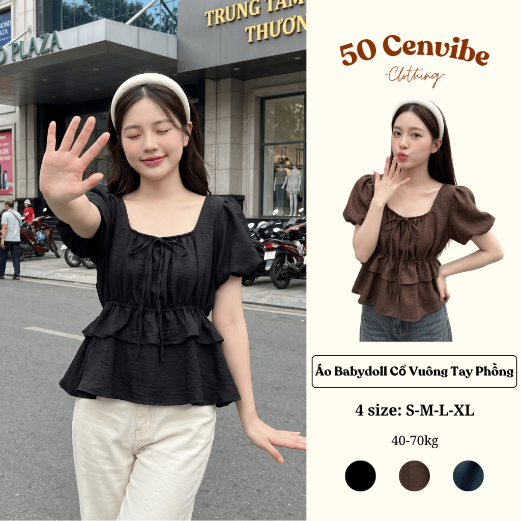 Áo Kiểu Nữ Cổ Vuông Tay Phồng Thắt Nơ Dáng Peplum Hàn Quốc (50 Cenvibe.Clothing) #381